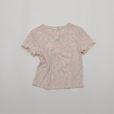 TOMATO SHOP~自制 日系少女条纹～开扣圆领波边坑纹修身百搭t恤