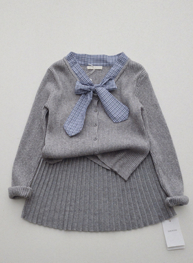 TOMATO SHOP 撞色格纹蝴蝶结绑带针织上衣女学院风修身长袖打底