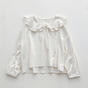 TOMATO SHOP~番茄自制 日系少女荷叶花边娃娃领长袖棉麻衬衫