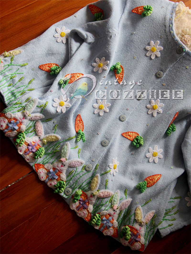兔子胡萝卜。美国Vintage立体手工缤纷 钩花钉珠亮片古着毛衣孤品
