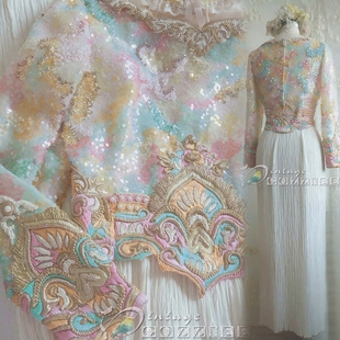 1980s手工法繡刺繡 桃之夭夭 粉藍珍珠水晶亮片馬卡龍百褶連衣裙