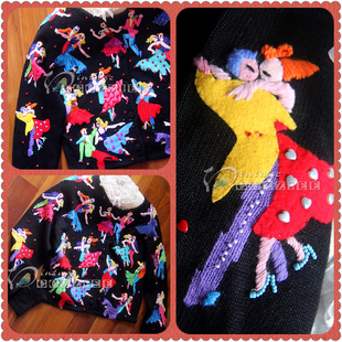 全新美国vintage 双人舞动芭比娃娃钉珠立体毛毡长袖波普彩虹毛衣