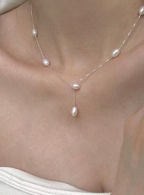 瑞秋同款 925纯银锁骨链珍珠轻奢简约Y型链条小众设计项链气质