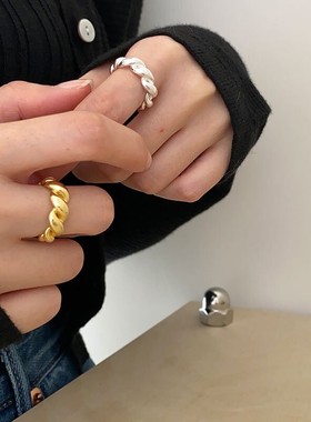 欧美韩国双层925纯银绳捻牛角包简约轻奢朋克指环戒指