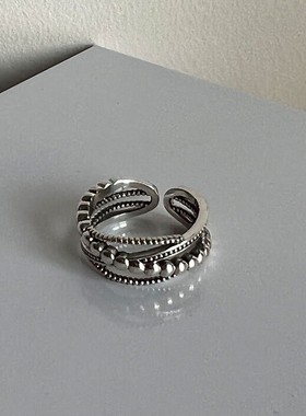 s925纯银多层缠绕戒指女小众设计酷酷的链条指环开口可调节