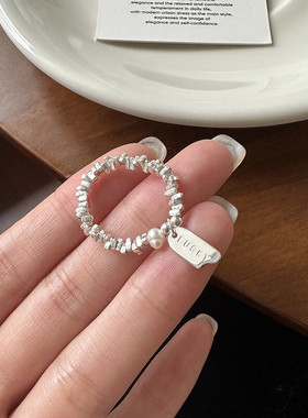 s925纯银珍珠幸运吊牌碎银子戒指弹力绳