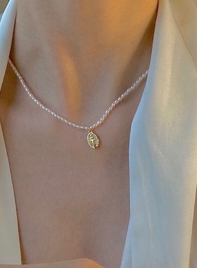 原创博主ins风轻奢美产14k包金淡水珍珠圆牌项链锁骨链女