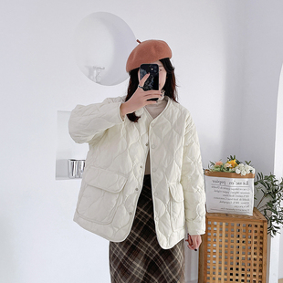 菱格宽松小个子白鸭绒外套冬 韩版 反季 圆领小香风羽绒服女轻薄短款