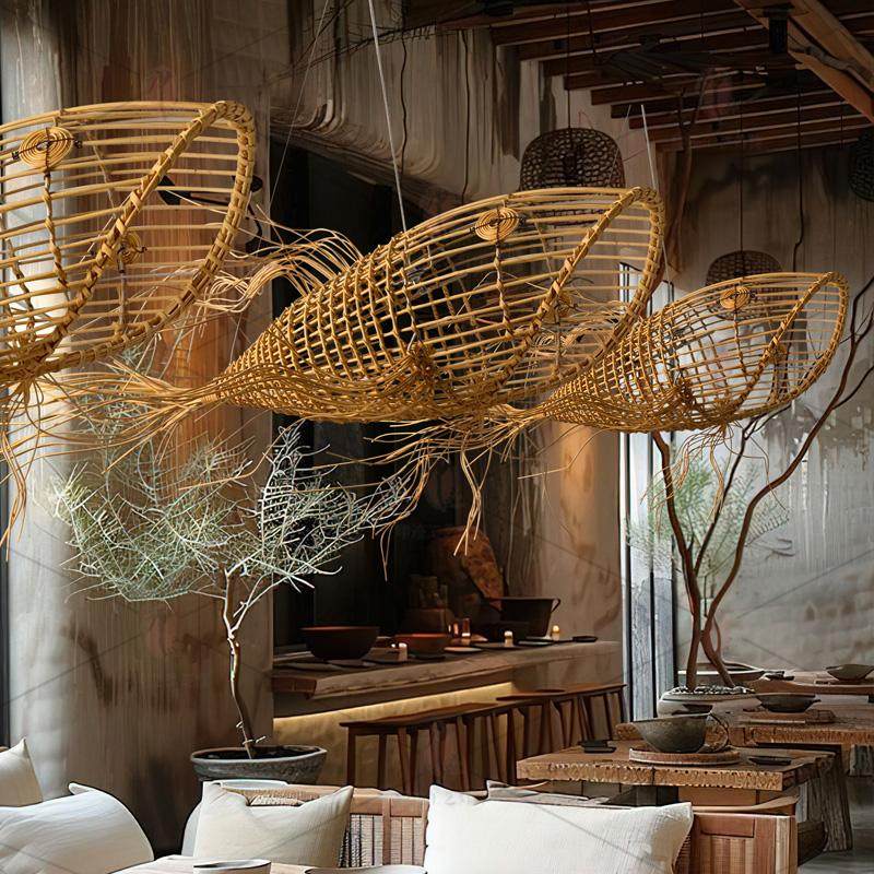 中式鱼形吊灯餐厅酒店大堂火锅店日式禅意饭店藤艺氛围造型鱼灯具,家装灯饰光源,酒店/宴会厅/餐饮吊灯,淘宝优惠券,粉丝福利购,淘宝优惠卷