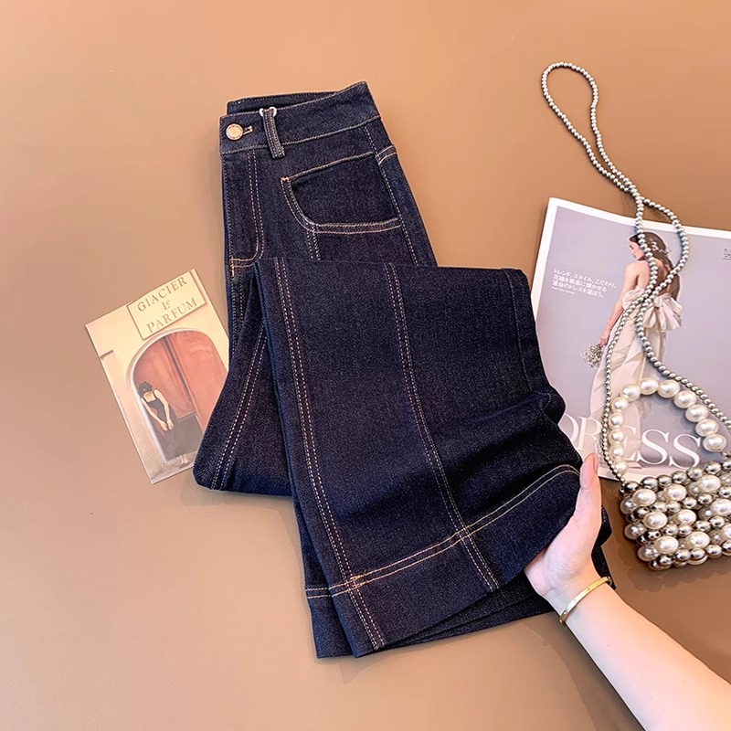 复古深蓝色窄版直筒裤女休闲百搭