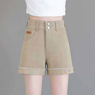 高腰毛边短裤女2024夏季薄款百搭纯棉休闲宽松a字阔腿翻边热裤子