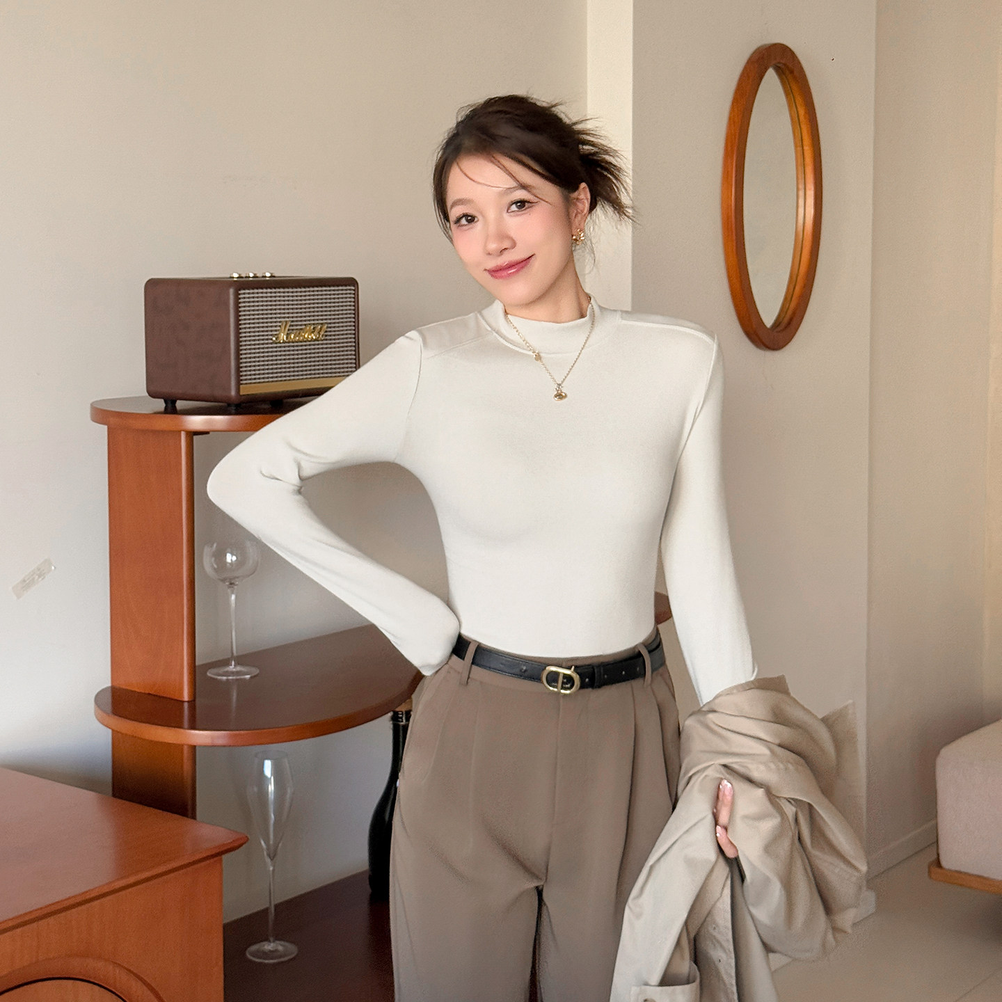 桃奈斯德绒打底衫女早秋保暖发热长袖内搭T恤显瘦咖色半高领上衣