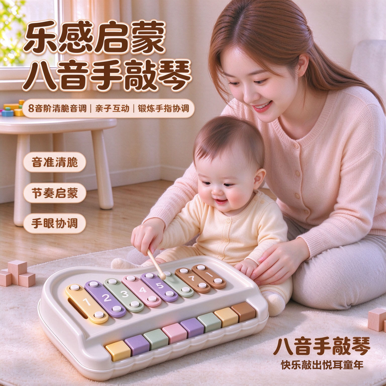 八音敲琴宝宝玩具二合一婴儿幼童手敲琴乐器6-个月益智音乐钢琴