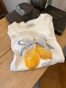 夏季清新柠檬印花立体蝴蝶结宽松纯棉舒适休闲短袖T恤～