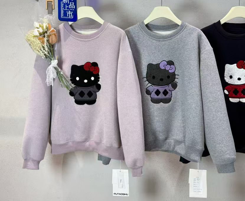 高品质正品毛巾布复合奥利绒可爱kt猫印花厚实保暖圆领套头卫衣～