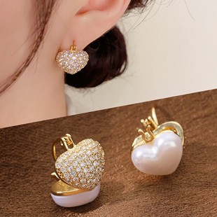 韩国气质镶钻白色珍珠双面耳钉女气质爱心耳环高级感耳饰心形耳扣