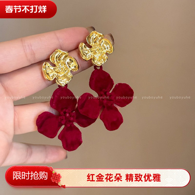 安可拉红金丝绒花朵耳针耳环