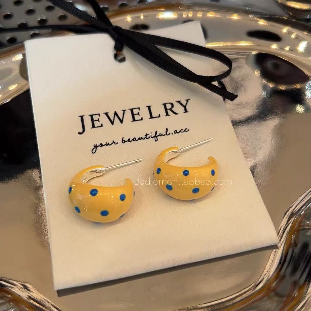 小清新奶黄滴釉蓝色波点耳环