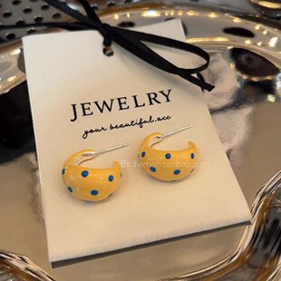 小清新奶黄滴釉蓝色波点耳环女新款C圈耳钉轻奢复古高级感耳饰潮