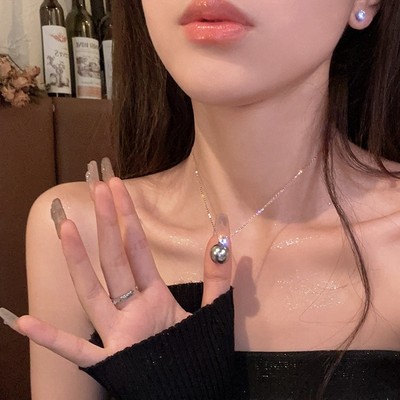 网红同款单颗珍珠项链女秋冬款百搭气质毛衣链精致锆石吊坠锁骨链