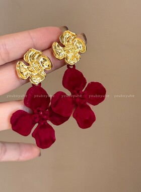 安可拉红金色花朵丝绒耳针女覆古港风小众高级感轻奢气质耳环耳饰