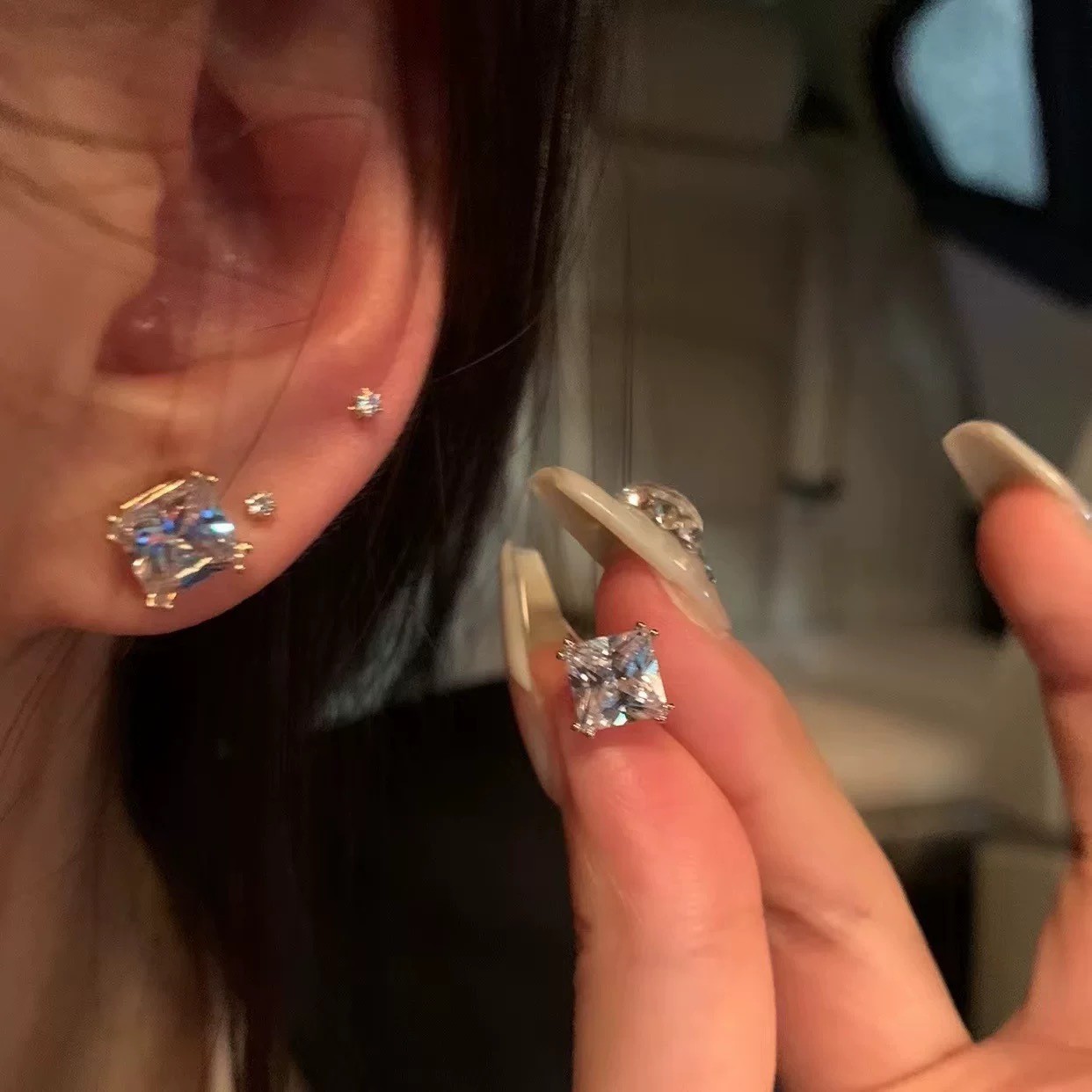4件套！简约方钻耳钉个性设计感气质锆石耳环ins网红百搭耳饰品