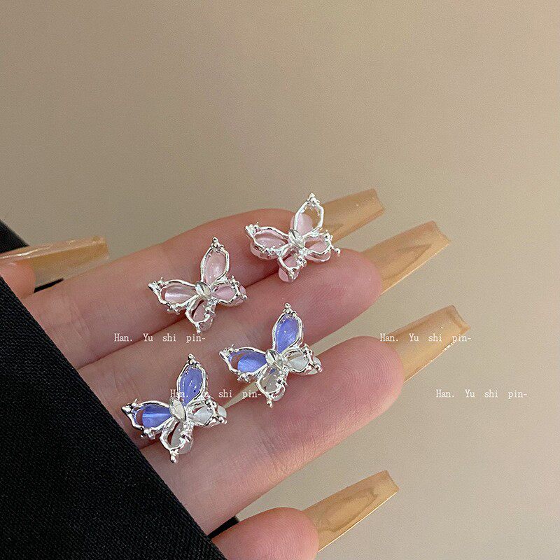 甜美猫眼石蝴蝶耳钉时尚百搭银针耳环小众气质网红耳饰2024新款