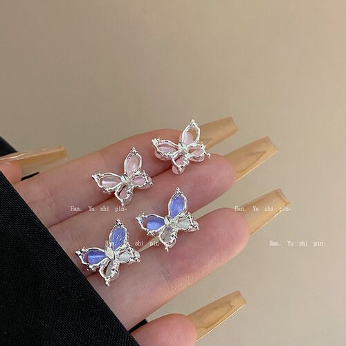 甜美猫眼石蝴蝶耳钉时尚百搭银针耳环小众气质网红耳饰2024新款