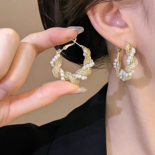 欧美个性 金属缠绕耳圈圈耳环小众设计感手工缠绕麻花珍珠圈圈耳坠