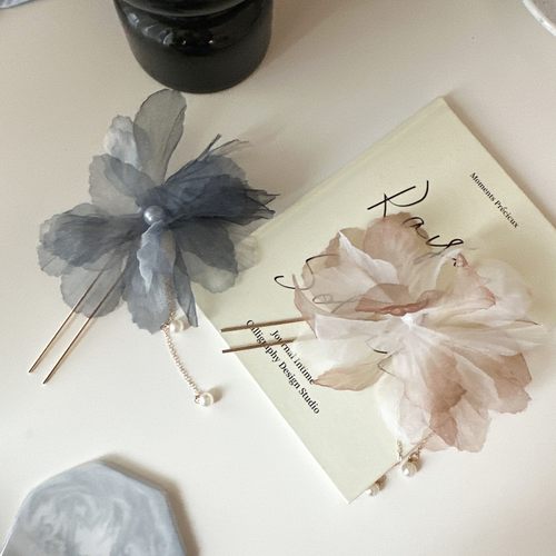 青烟袅袅墨绿色网纱花朵珍珠流苏发簪气质新中式晕染花纱发钗簪子