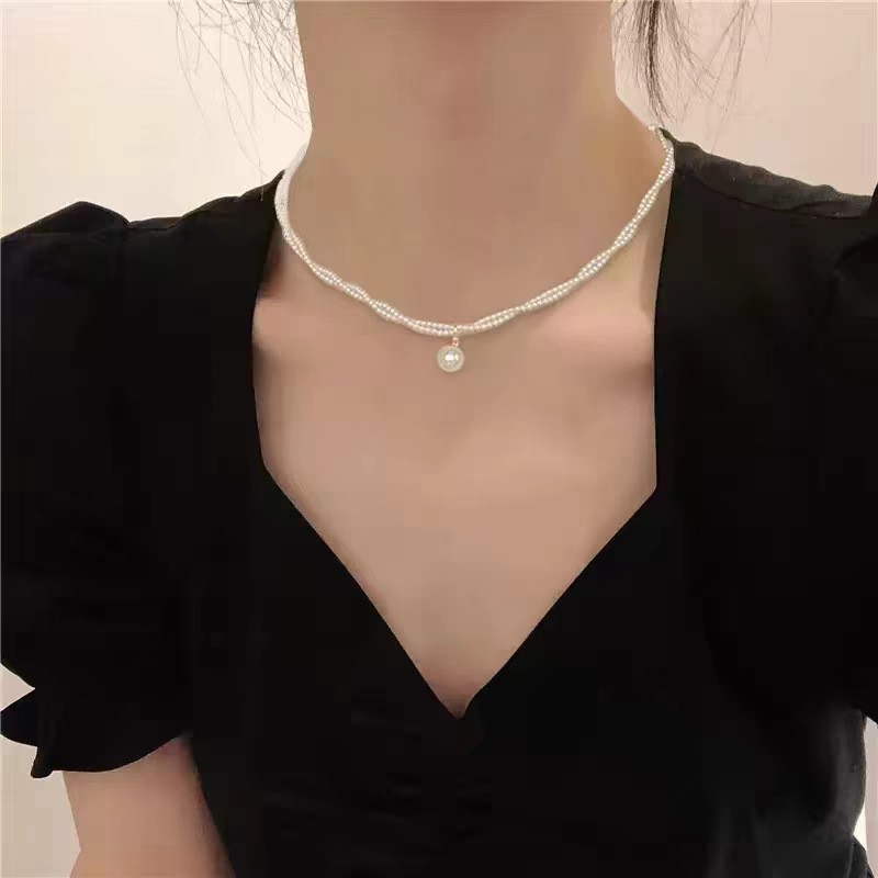 施家高亮仿珍珠项链女双层擦绕小珍珠水滴颈链网红博主同款锁骨链