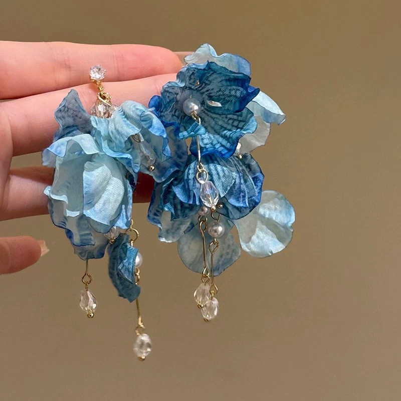 复古高级蓝色晕染花瓣流苏耳环