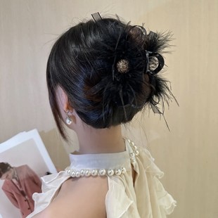 高级感羽毛抓夹女公主后脑勺蝴蝶结头饰发夹夹子高级感鲨鱼夹发饰