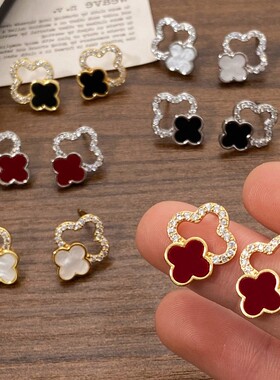 925银针温柔镂空四叶花朵贝壳耳钉镶嵌锆石法式气质精致耳环耳饰