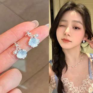 夏日碎冰蓝水晶贝壳珍珠耳环女轻奢高级感气质耳钉新款 银针耳饰
