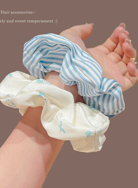 韩版猫咪甜美条纹布艺蓝色大肠发圈扎马尾头绳高级感正反两戴发绳