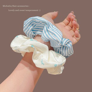 韩版 猫咪甜美条纹布艺蓝色大肠发圈扎马尾头绳高级感正反两戴发绳