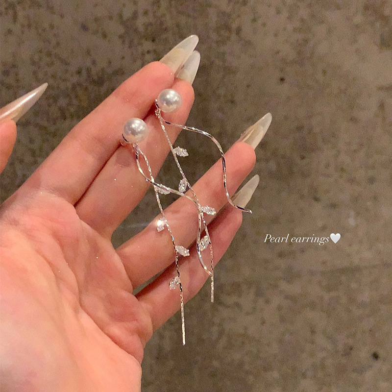 韩系微甜少女闪亮树叶珍珠耳环