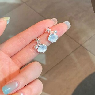 夏日碎冰蓝水晶贝壳珍珠耳环女轻奢高级感气质耳钉新款银针耳饰