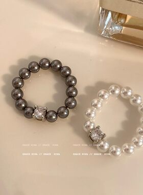 锆石珍珠串珠弹力戒指女法式复古