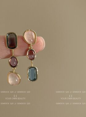 不对称彩色宝石耳环银针中古撞色耳钉小众设计感高级独特流苏耳饰