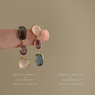 不对称彩色宝石耳环银针中古撞色耳钉小众设计感高级独特流苏耳饰