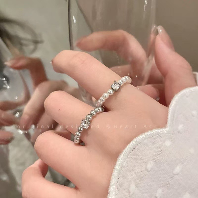 锆石珍珠串珠弹力戒指女法式复古