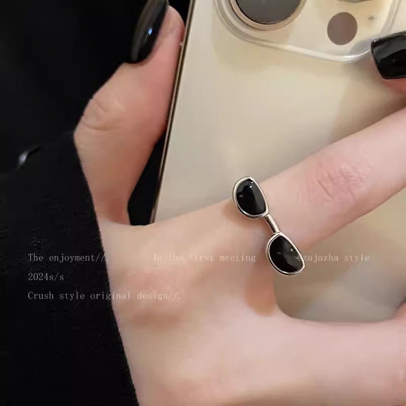 趣味墨镜情侣开口戒指女生独特小众百搭辣妹食指戒设计感潮酷手饰