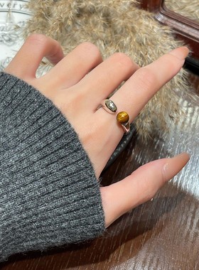 咖色虎眼石素圈开口戒指休闲简约轻奢高级感指环日常通勤食指戒女