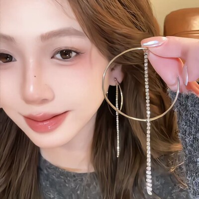 网红新款银色圈圈闪锆链条耳环