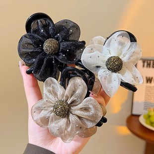 网纱闪钻太阳花抓夹女时尚 简约盘发鲨鱼夹子后脑勺高级感花朵发夹