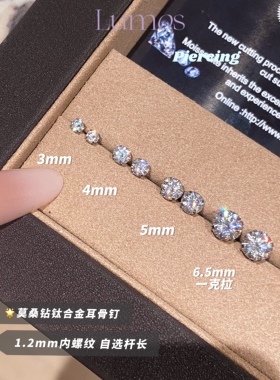 Lumos 莫桑钻耳钉F136钛合金养耳洞耳饰高级培育钻爆闪耳骨钉T001