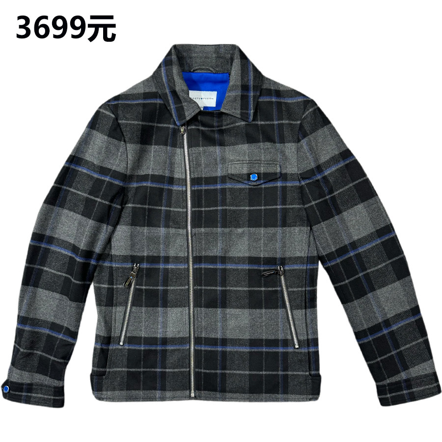 一线品牌正品3699元 男士时尚灰色格子修身夹克 拉链翻领风衣青年