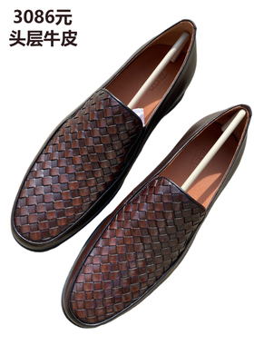 专柜正品3086元男士编织头层牛皮套脚乐福鞋黑色圆头商务休闲软底